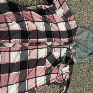 Pink and Black Plaid Button-Up Shirt with Gray Hood